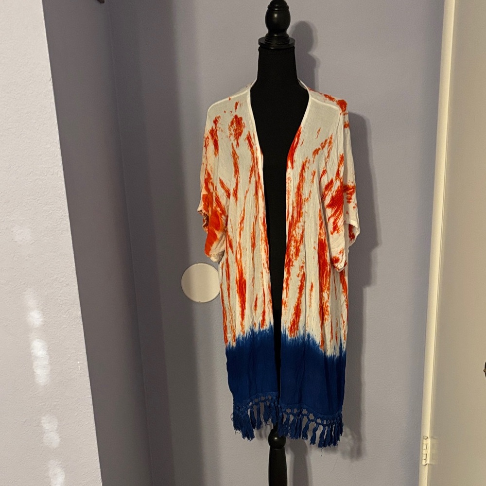 Orange and Blue Tie-Dye Kimono with Fringe